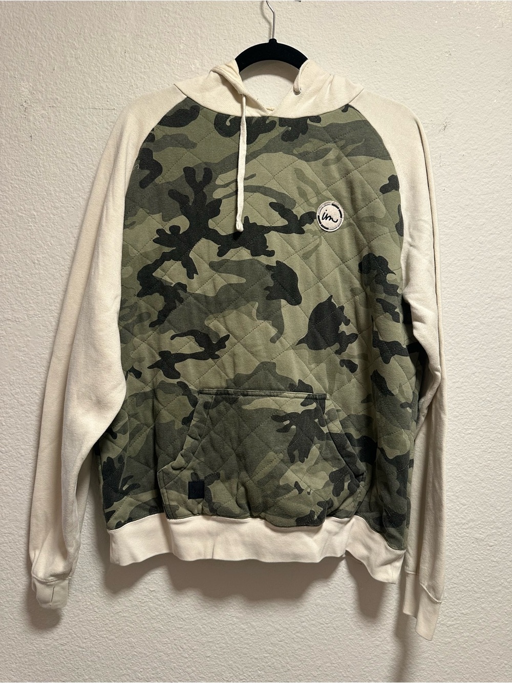IN Camo Quilted Hoodie Men’s Large Green Cream Pullover Sweatshirt
